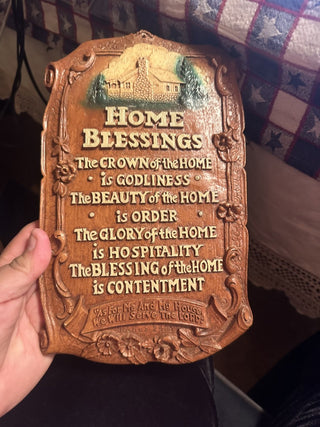Vintage 1950's Syroco Decorative Wall Plaque "Home Blessings" Textured Relief Faux Wooden Scroll 11" X 6" #47 VV MTS