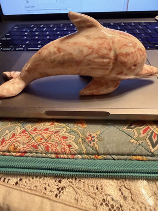 Carved Pink Marble Stone Dolphin Figurine Paperweight vintage approx. 6" L #63 VV MTS|166150