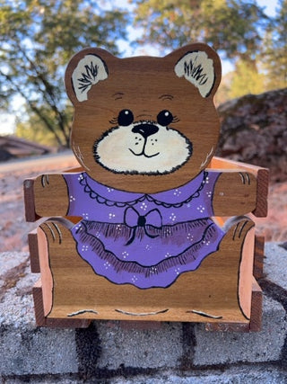 Toy Storage Wooden Box Carved Painted Stained Crate Bear Figurines Basket Rustic