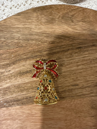 Vintage Articulating Christmas Bell Brooch gold Rhinestones Holiday Jewelry|137543