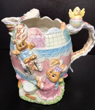 #62 vv Garden Ridge Pottery 7" Bunny Pitcher Easter Chicks & Egg Theme Luster FinishMTS|57389