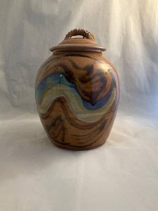 Studio art pottery lidded jar- Signed Adrian