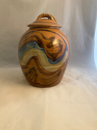 Studio art pottery lidded jar- Signed Adrian