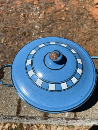 enamel-on-steel stock pot with a lid