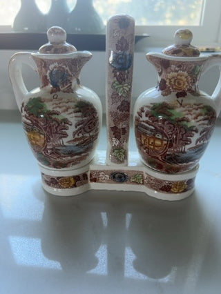 Vintage 3 Pc. Set Nasco Mountain Wood-Land Vinager and Oil Cruet w/ Stand