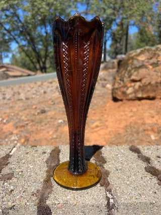 Vintage Tiara Indiana Glass Amber Zipper Ribbon Trumpet Vase Pedestal 10”