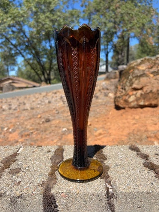 Vintage Tiara Indiana Glass Amber Zipper Ribbon Trumpet Vase Pedestal 10”