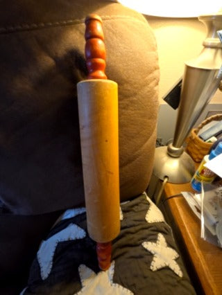 Vintage Wood Rolling Pin Red Handles With Metal 17" Farmhouse Primitive Kitchen