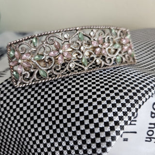 Vintage Pink & Green Floral Rhinestone Barrette (BRI) - MTS|122484