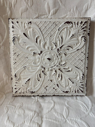 12x12 square punched tin wall hanging distressed white MTS|54199