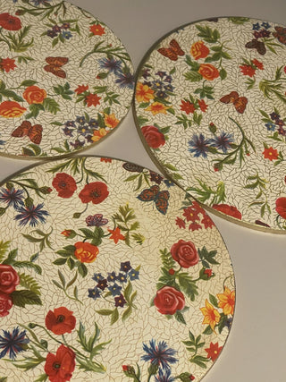 Vtg Floral Chintz Trivet Set/3, Round--SP RCD