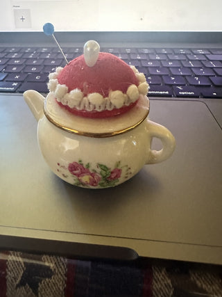 Vintage Papel Porcelain Teapot pin cushion rose design red and white #62 VV MTS