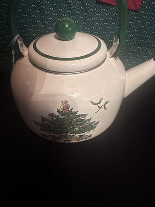 Spode Christmas Tree Whistling Tea Kettle Pot Pocelain Enamel 2.2 quart, Vintage Christmas Tea Pot #62 VV MTS|131362