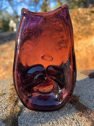 JP 5.75” vintage mid-century modern hand-blown amethyst purple art glass pinched double-spill vase