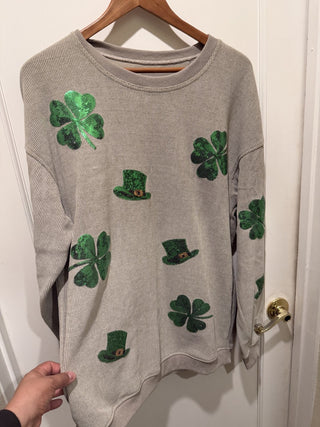 Festive  Green Irish Shamrock Pullover St. Patrick's Day Sequin Graphic Size Large Sweater #63 VV MTS