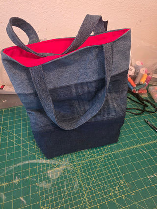 Large slightly distressed recycled denim bag