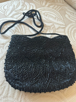 Beaded Black Crossbody evening bag, beaded leaf pattern, braided strap, zipper close 8"x6" RCD|84452