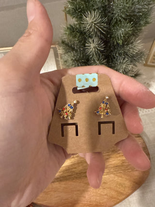 Colorful Gold Tone Gemstone Christmas Tree Stud Earrings|137527