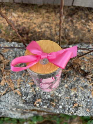 NEW Pink Ghost Glass Tumbler with Engraved Name Bamboo Lid and Glass Straw