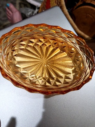 Oval shaped Amber cut glass trinket dish/soap dish