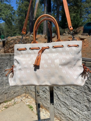 Vintage Y2K Dooney & Bourke logo monogram tote crossbody satchel bag in beige canvas brown leather trim