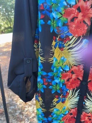 Roz & Ali tropical floral button-down blouse features semi-sheer fabric Size L