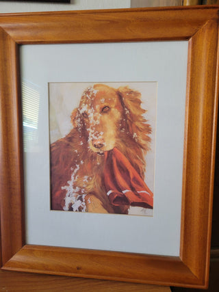 Framed Golden Retriever w/Snow & Towel Picture RCD