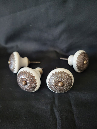 White Cabinet Knobs w/Metal Filigree 1-7/8" Set of 4 RCD