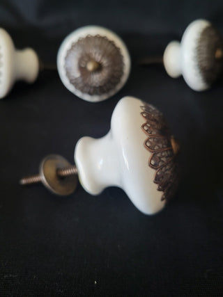 White Cabinet Knobs w/Metal Filigree 1-7/8" Set of 4 RCD