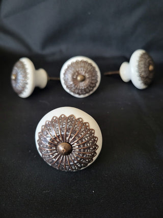 White Cabinet Knobs w/Metal Filigree 1-7/8" Set of 4 RCD