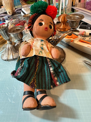 Vtg. (1960's) Mexican handcrafted folk art doll w/button eyes, gold earrings RCD|68359