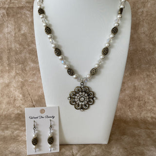 Necklace & Earrings set, antique bronze, faux pearls and rhinestones RSV