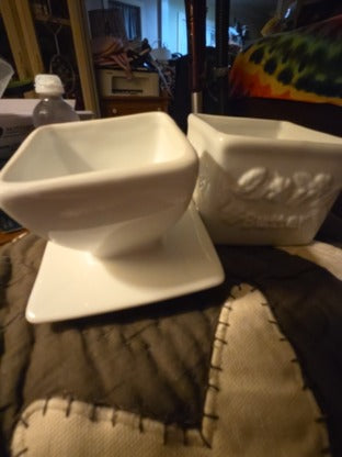 RPI Square White Porcelain Butter Keeper Crock w/ Lid Embossed Flowers