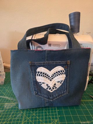 Small denim tote with heart appliques