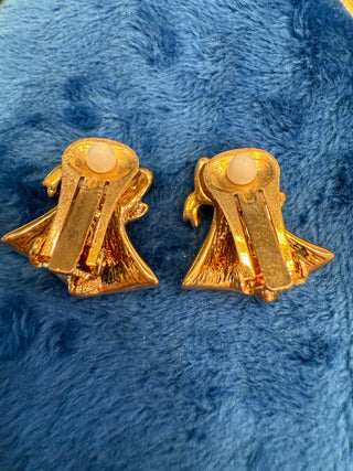 Green Enamel Christmas Bells w Red Bow Goldtone Holiday Clip Earrings –|140221