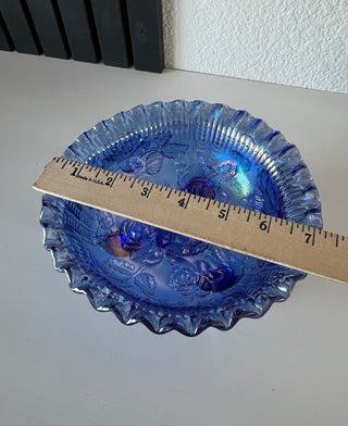 Carnival glass iridescent blue floral footed bowl RSV|116752