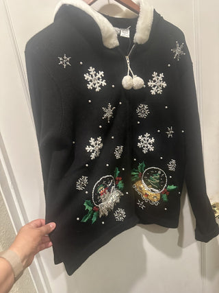 Victoria Jones Christmas holiday snowflakes and snow globe zip-up embroidery and sequin hooded cardigan sweater zip-up size Large #62 VV MTS|134309