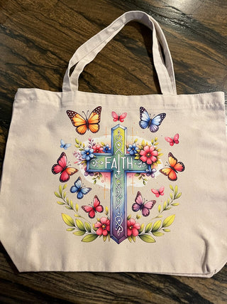 "Faith" Butterfly Floral Cross Large Zippered Canvas Tote RSV|84702