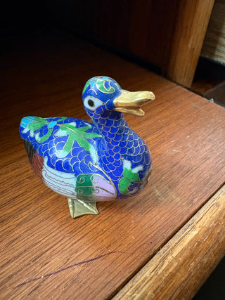 Vtg. Chinese Cloisonné Duck Figurine, cobalt blue/green/brown 2.5"