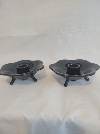 MCM Black Glass Lotus Footed Candle Holder Set RCD|101084
