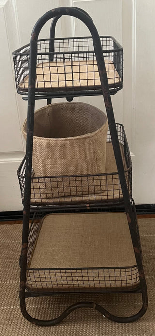 RUSTIC IRON AND BURLAP 3-TIER STAND WITH REMOVABLE BURLAP BASKET 29"T X 15"W X 12.5W (KJS) RCD|98928