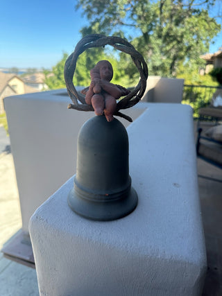 Vtg Mexican Clay Bell w/angel surrounded by twisted woodvine 8" RCD|99841