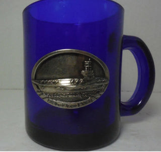 USS Ronald Reagan CVN-76 Cobalt Blue Glass Coffee Mug / cup with Pewter plaque#47 VV MTS|130982