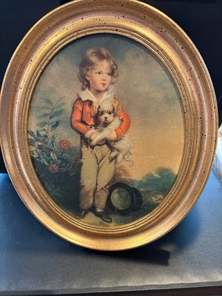Vtg. (1950-60)Oval Painting of "Master Simpson" boy w/dog 10"x12"