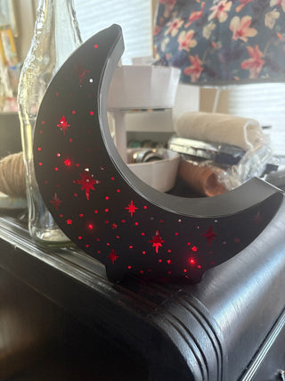 Starry Moon Lamp. black metal w/red lights, battery operated RCD