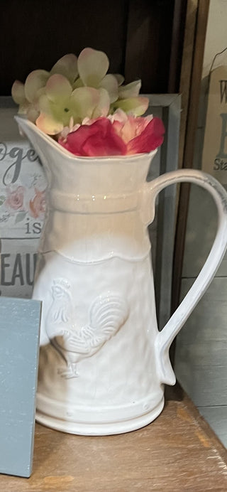White Ceramic Rooster Pitcher w/Pink Flowers RCD|96121