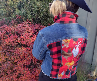 Jean Jacket, Bold Red & Black Squares, Size S