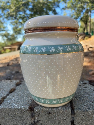 9” Vintage Knotts Berry Farm Turquoise /Gold Floral Cream Canister With Lid
