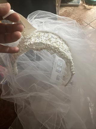 Bridal Beaded Headband Veil White Two Tier Wedding short Tulle #62 VV MTS|74987