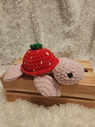 Strawberry Sea Turtle: Crocheted red, pink, white, green